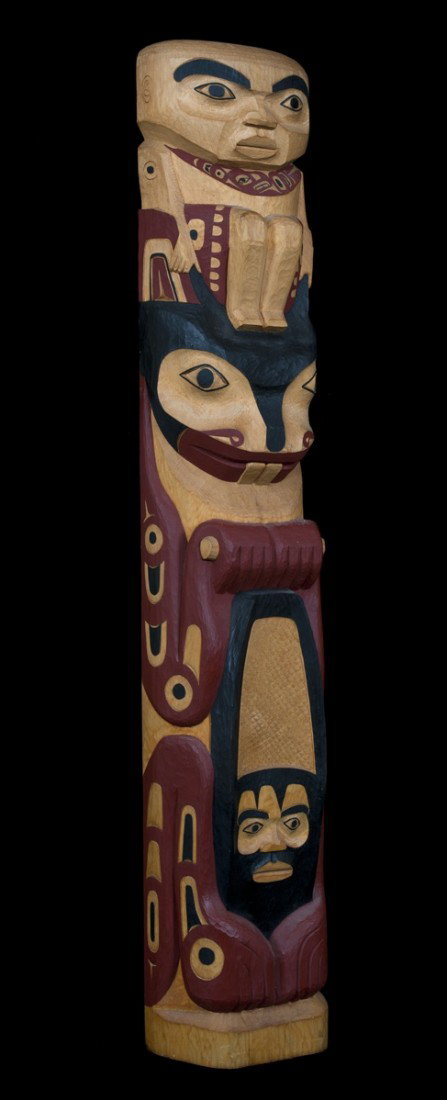 Haisla Yellow Cedar Totem Carved with Chief and Be: Haisla Yellow Cedar Totem Carved with Chief and Beaver Sitting on Tail Signed G. Wilson 40" H. 7 1/2" W. Fine Condition