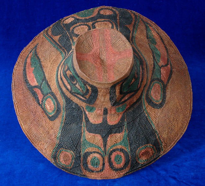19TH C. Tlingit Spruce Root Hat with Painted Raven: 19TH C. Tlingit Spruce Root Hat with Painted Raven Design 15 1/2" D. 8" H. With Restoration