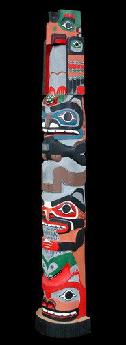 Northwest Coast Totem Carved with Seven Figure and: Northwest Coast Totem Carved with Seven Figure and Hollowed Back - Yellow Cedar By Shawn Karpes 32" H. 5 3/4" W. Base Fine Condition