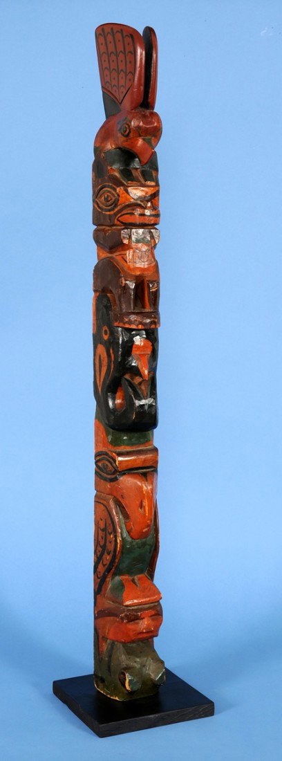 Northwest Coast Totem ca. 1940's Carved with Eagle: Northwest Coast Totem ca. 1940's Carved with Eagle, Bear, Whale, Thunderbird, Human and Frog 38 1/2" H. Good Condition