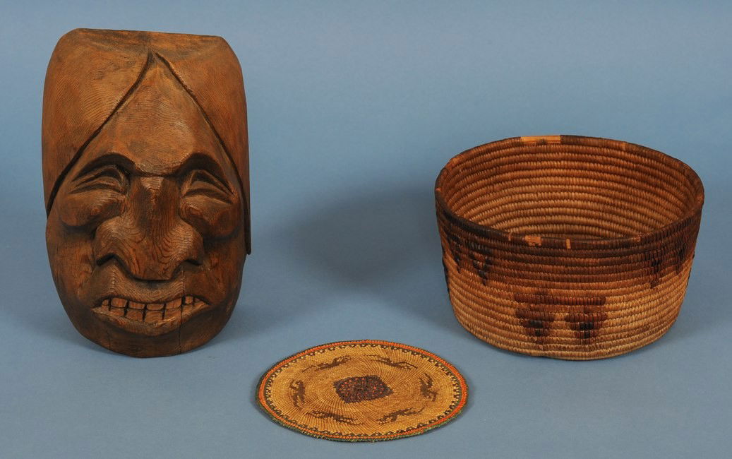 Salish Basket 8" W. Fair Condition, Salish Carved: Salish Basket 8" W. Fair Condition, Salish Carved Head by Marvin Baker 8 3/4" H. Good Condition and a Nuu-chah-nulth Basketry Mat 6" D. Good Condition