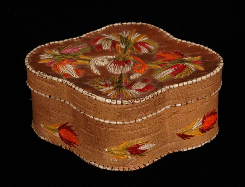 Birch Bark Basket with Floral Quill Work Design Ins: Birch Bark Basket with Floral Quill Work Design Inscribed "Yellowstone Park" 5" L. 4" W. 2" H. Fair Condition, Quill Loss