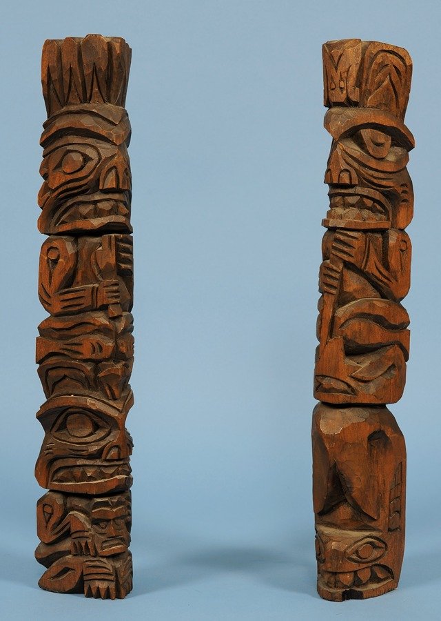 Pair of Nitinat Totems Carved by William Wilson - : Pair of Nitinat Totems Carved by William Wilson - Clo-oose Vancouver Island, B.C. 18" H. 3" W. Good Condition with Minor Chip on Base of One