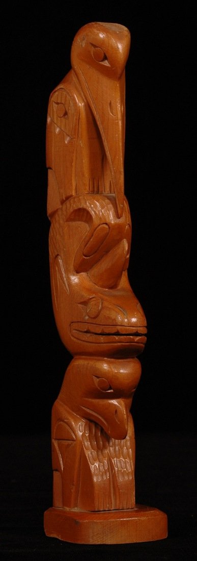 Pat McGuire Totem Finely Carved with Heron, Whale : Pat McGuire Totem Finely Carved with Heron, Whale and Eagle 9" H. Fine Condition