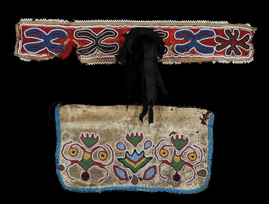 19TH C. Tlingit Beaded Cuff with Floral Design on: 19TH C. Tlingit Beaded Cuff with Floral Design on Doeskin 9 1/2" L. 4 1/2" W. and 19TH C. Tlingit Beaded Collar 12 3/4" L. 2 1/2" W. As Is