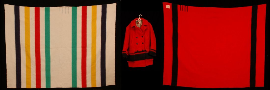Two Hudson Bay Wool Blankets 3 1/2 Point 68"x 88",: Two Hudson Bay Wool Blankets 3 1/2 Point 68"x 88", 4 Point 76"x 92" ca. 1950's and a Whitney Point Blanket Wool Coat, Coureur de Bois Size 42 All Good Condition