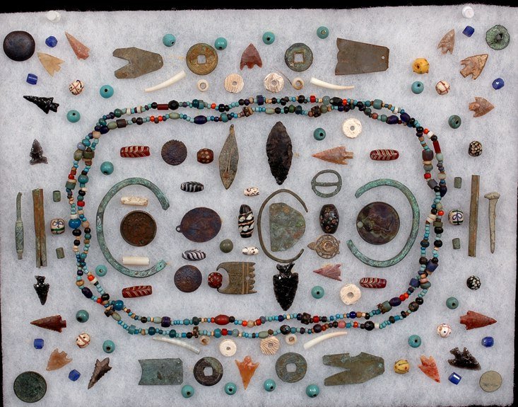 Framed Collection of Assorted Arrowheads, Trade Be: Framed Collection of Assorted Arrowheads, Trade Beads, Copper Bracelets, Coins, Buttons and Trade Goods