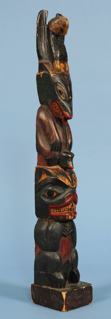 Bella Coola Totem Carved with Eagle, Sea Bear and : Bella Coola Totem Carved with Eagle, Sea Bear and Land Bear ca. 1900 20 1/4" H. 3" W. Base Good Condition