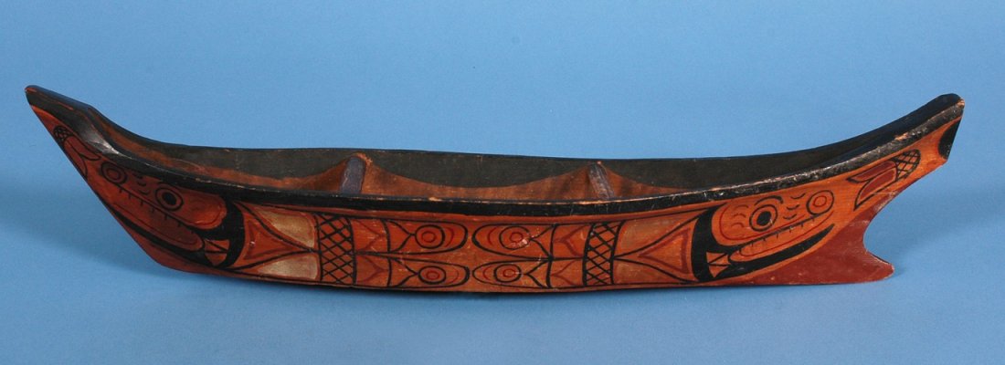 Yukatat Tlingit Model Canoe ca. 1890 with Split Wh: Yukatat Tlingit Model Canoe ca. 1890 with Split Whale Design Painted with Original Pigment - Dark Aged Patina 17" L. Good Condition