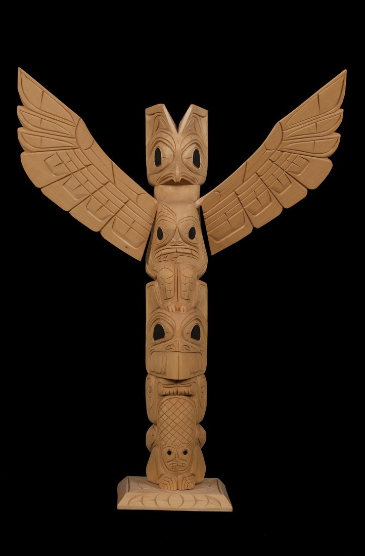 Ditidaht Owl and Beaver Yellow Cedar Totem by Hen: Ditidaht Owl and Beaver Yellow Cedar Totem by Henry Williams 25" H. 20" W. Fine Condition