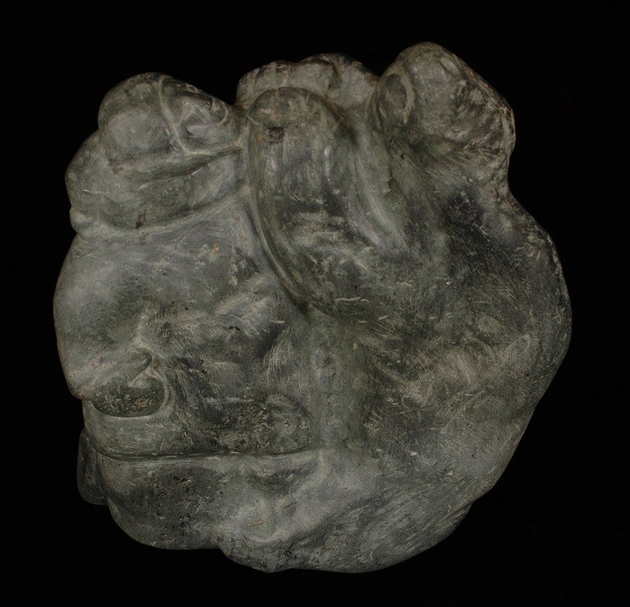 Inuit Sculpture of Hunter and Bear Wrestling Signe: Inuit Sculpture of Hunter and Bear Wrestling Signed Nancy Sevoga - Baker Lake 42 LBS 14 1/2" H. 12" W. Good Condition