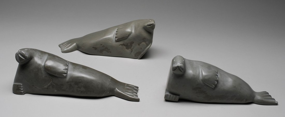 Three Rhoda Sala Seal Sculptures - Sanikiluaq 10 1/: Three Rhoda Sala Seal Sculptures - Sanikiluaq 10 1/2" L. - 12" L. All in Good Condition