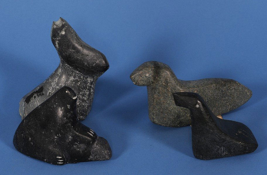 Four Inuit Sculptures; Bird by Mary Iqaai - Baker L: Four Inuit Sculptures; Bird by Mary Iqaai - Baker Lake 4 1/2" L., Bird by Bart Hanna 2 1/2" L., Bird by Sandra Koomak 3 1/2" L. and Seal - Artist Unknown 2 1/2" L. All in Good Condition