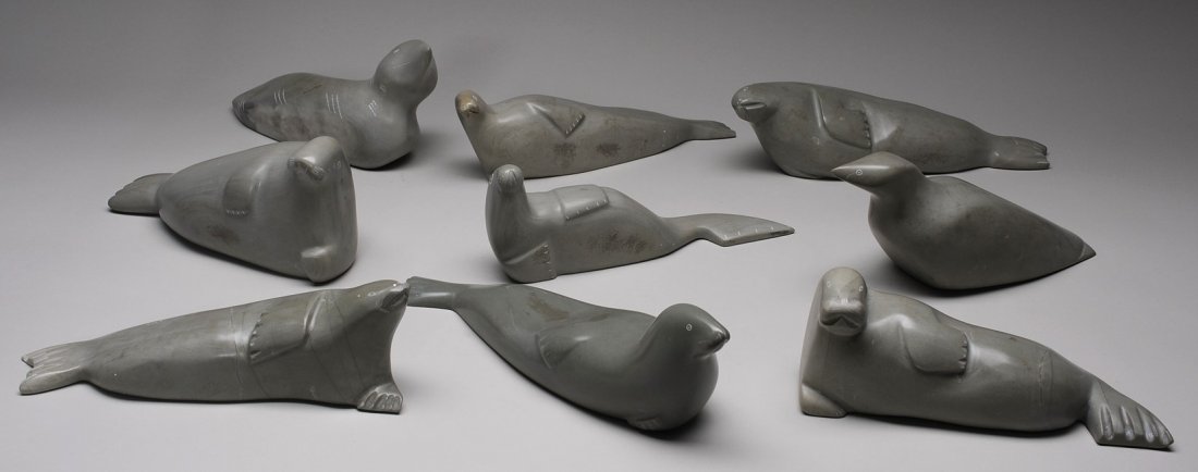 Nine Sanikiluaq Seal Sculptures Including P. Meeko,: Nine Sanikiluaq Seal Sculptures Including P. Meeko, Rhoda Sala, Charlie Eyaituq and Joanassie Echalook 10" L. 13" L. All in Good Condition