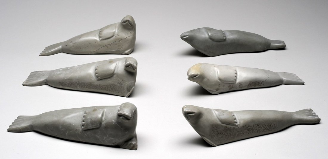 Six Seal Carvings by Rhoda Sala - Sanikiluaq, 7 1: Six Seal Carvings by Rhoda Sala - Sanikiluaq, 7 1/2" L. - 10 1/2" L. All in Good Condition