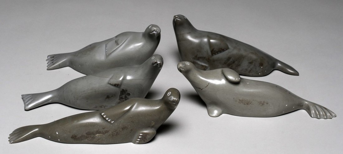 Five Seal Carvings From Sanikiluaq 7" L. - 9" L. I: Five Seal Carvings From Sanikiluaq 7" L. - 9" L. Including Annie Amittuk and Maggie Sala All in Good Condition