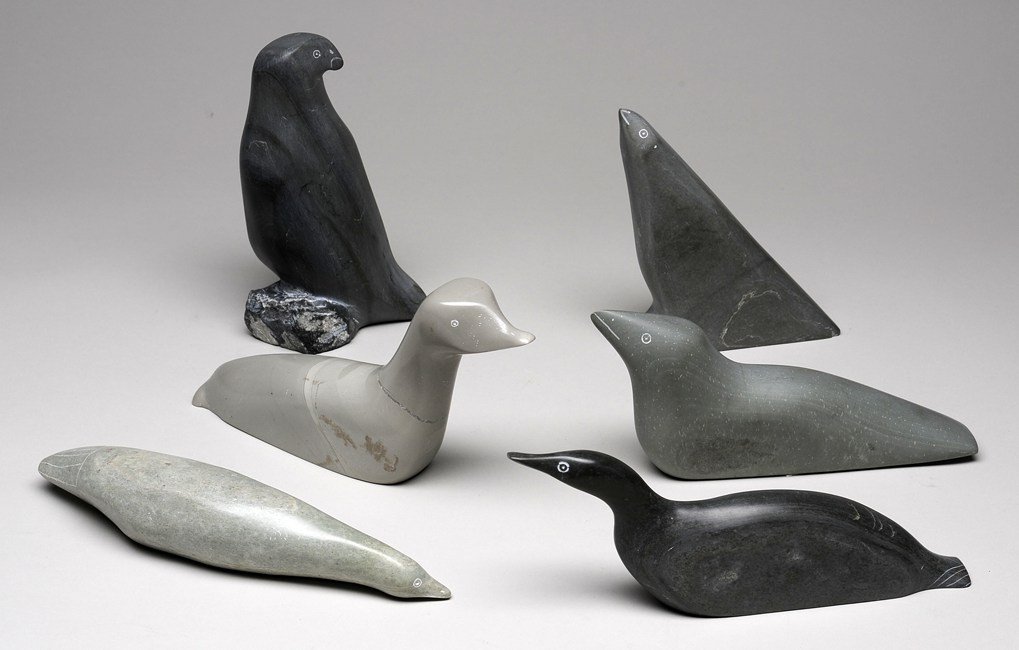 Six Bird Carvings by Various Sanikiluaq Artists In: Six Bird Carvings by Various Sanikiluaq Artists Including Moses Takatak 6 1/2" L. - 9" L. All in Good Condition