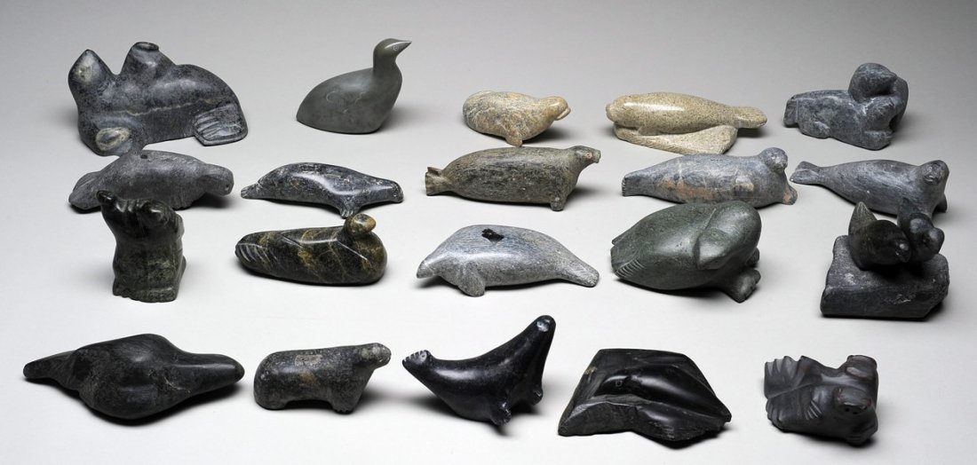 20 Bird and Seal Carvings From Various Artists and: 20 Bird and Seal Carvings From Various Artists and Communities Including Emily Takatak, Ropee Natsiapik, Ben Ell and Tony ( Hall Beach) 3" L. - 6 " L. All in Good Condition