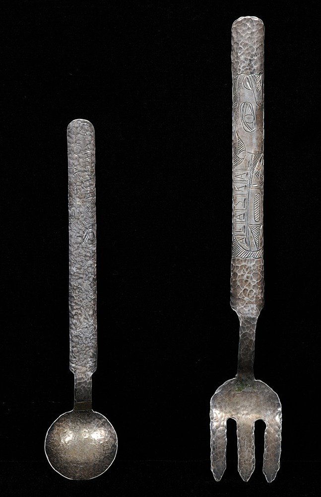 Tlingit Silver Fork and Spoon with Incised Design: Tlingit Silver Fork and Spoon with Incised Design ca. 1940's 7" L. and 9" L. Both in Good Condition