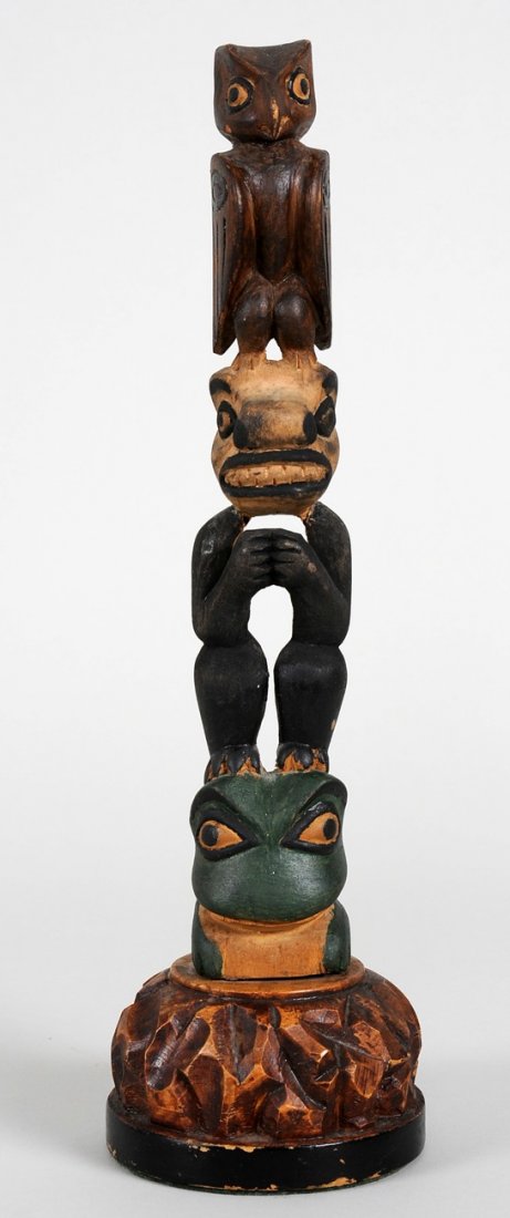 Tlingit Totem Carved with Owl, Bear and Frog ca. 1: Tlingit Totem Carved with Owl, Bear and Frog ca. 1920 14" H. Good Condition with Repair