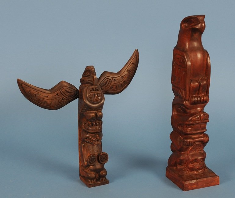 Two Northwest Coast Carved Cedar Totems; 15" H. Good Co: Two Northwest Coast Carved Cedar Totems; 15" H. Good Condition and 11" H. Fair Condition