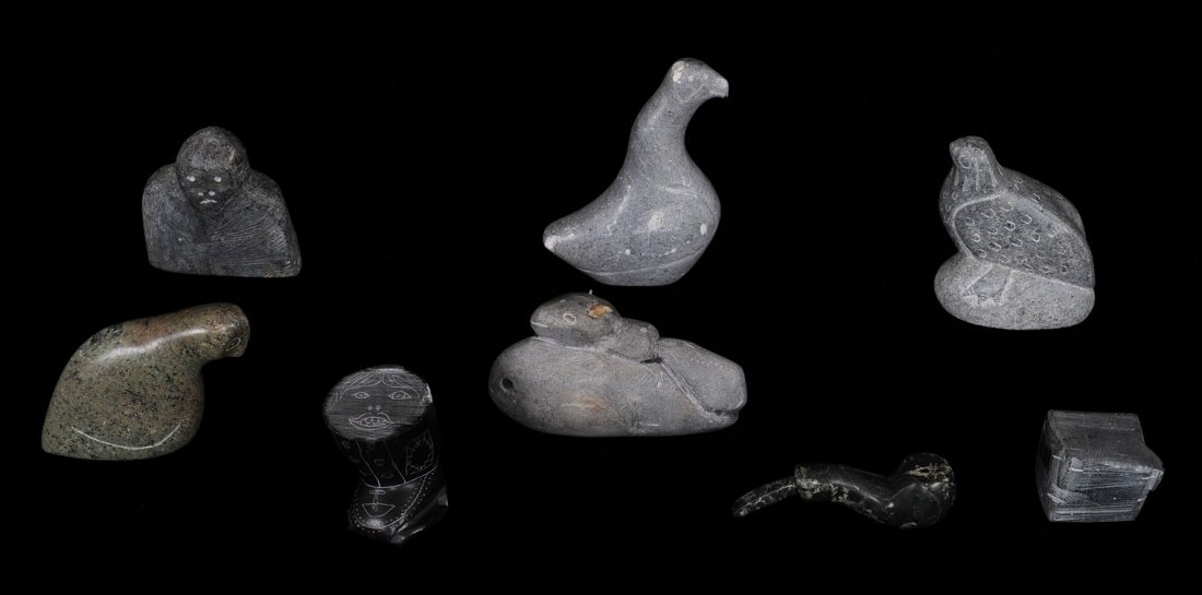 Eight Inuit Carvings From Various Artists and Communiti: Eight Inuit Carvings From Various Artists and Communities Include Peter Pappy and Agiatysuk 1 1/2" L. - 4" L. Good Condition