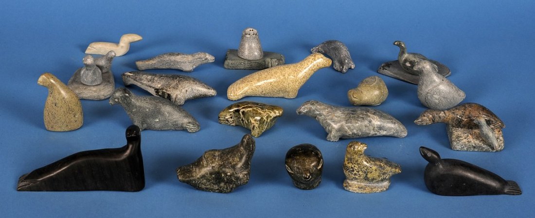 20 Inuit Bird and Seal Carvings From Various Artists an: 20 Inuit Bird and Seal Carvings From Various Artists and Communities 2 1/2" H. - 6 1/4" H. Good Condition