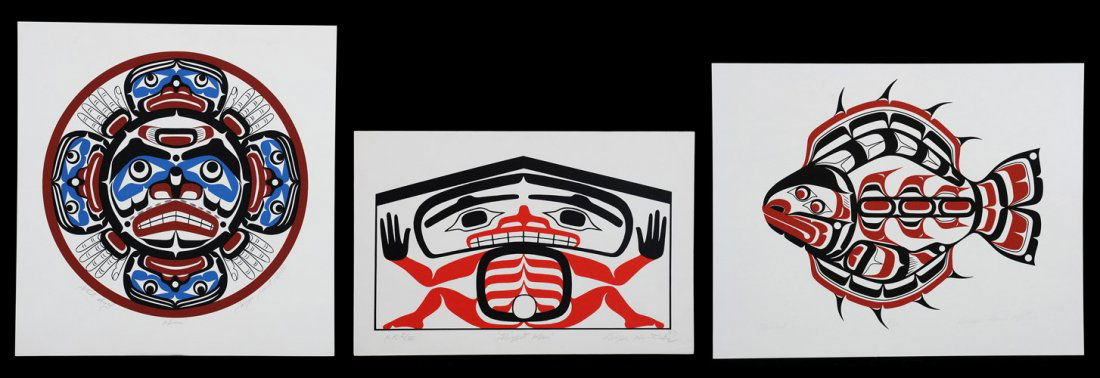 Three George Hunt Jr. Artist Proofs; "Moon" 16 1/2"x 17: Three George Hunt Jr. Artist Proofs; "Moon" 16 1/2"x 17", "Halibut" 15"x 19" and "Tlingit Man" 11 1/2"x 17" All in Good Condition