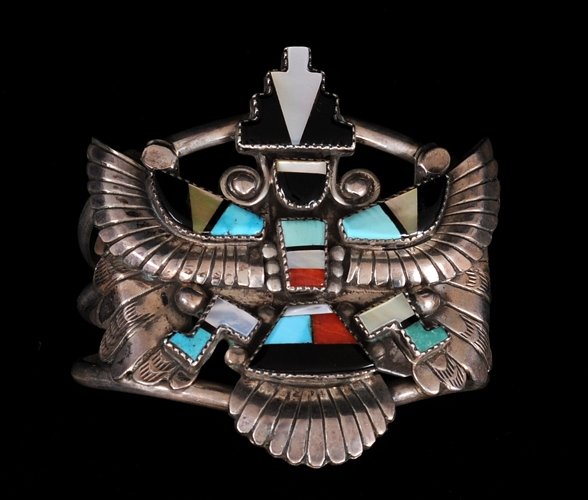Zuni Silver Bracelet with Inlaid Knife Wing Design 70 G