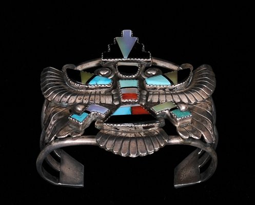 Zuni Silver Bracelet with Inlaid Knife Wing Design 70 G - 2