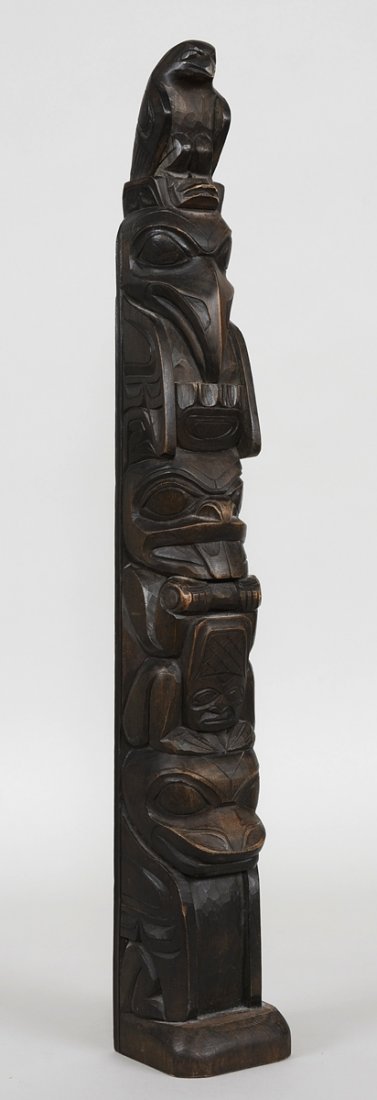 Finely Carved Tsimshian Totem with Eagle, Raven, Beaver: Finely Carved Tsimshian Totem with Eagle, Raven, Beaver and Wasco by Robert Jackson Signed R.B.J. 23 3/4" H. Good Condition