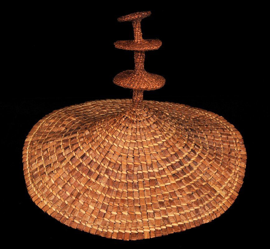 Haida Cedar Bark and Spruce Root Potlatch Hat with Thre: Haida Cedar Bark and Spruce Root Potlatch Hat with Three Shills by Emily Thompson 15" D. 10" H. Good Condition