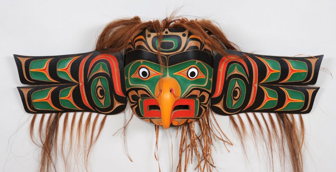 Nuu-chah-nulth Eagle Mask with Wings Carved by Tom Patt: Nuu-chah-nulth Eagle Mask with Wings Carved by Tom Patterson 12" H. 39" W. Good Condition