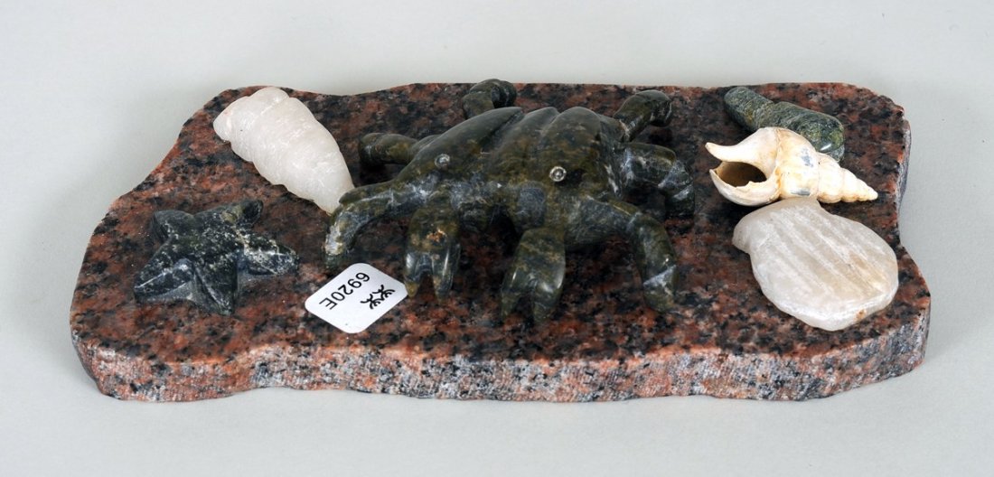 Pitseolak Padluq Soapstone Carving of a Crab, Starfish : Pitseolak Padluq Soapstone Carving of a Crab, Starfish and Shellfish 7" L. 4" W. Good Condition