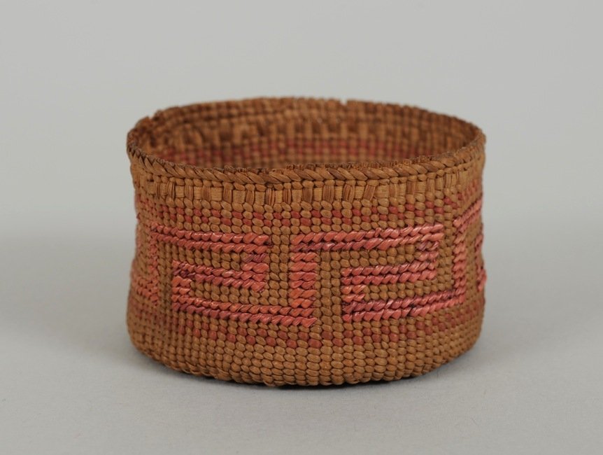 Miniature Tlingit Basket with Key Step False Imbricated: Miniature Tlingit Basket with Key Step False Imbricated Design 2" D. 1 1/8" H. Good Condition