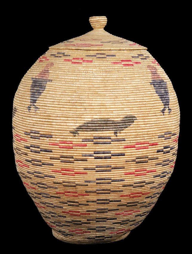Huge Inuit Knob Top Basket with Seal Design 34" H. 25": Huge Inuit Knob Top Basket with Seal Design 34" H. 25" D. Good Condition