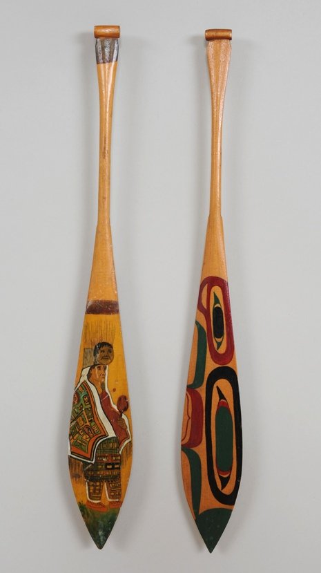 Pair of Tsimshian Model Paddles with Painted Totemic: Pair of Tsimshian Model Paddles with Painted Totemic Design 13" L. Good Condition