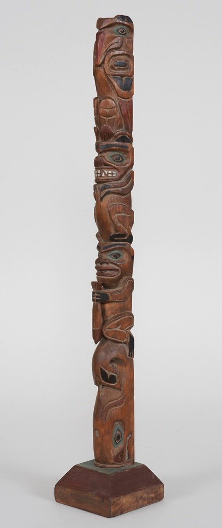 Northwest Coast Totem Carved with Raven, Bear, Human: Northwest Coast Totem Carved with Raven, Bear, Human Holding Fish and a Whale 20 1/4" H. 3 1/4" W. Base Good Condition