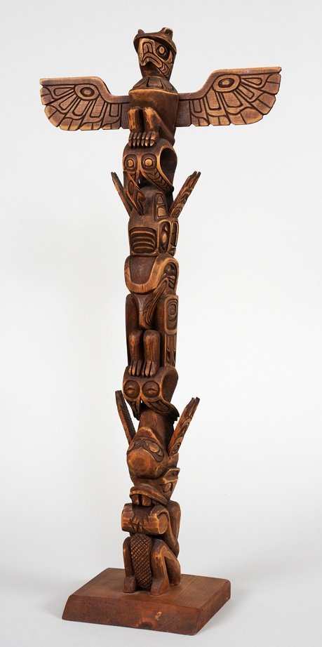Northwest Coast Totem with Beaver, Upside Down Seal,: Northwest Coast Totem with Beaver, Upside Down Seal, Raven, Whale and Thunderbird Carved by Don Gates 22" H. 9 3/4" W. Good Condition