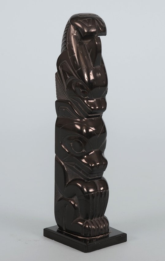 Haida Argillite Totem Carved with Bear and Killer Whale: Haida Argillite Totem Carved with Bear and Killer Whale by Denny Dixon '82 6 3/4" H. 1 5/8" W. Base Good Condition