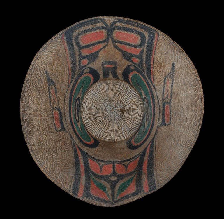 19TH C. Haida Spruce Root Hat with Painted Design 15": 19TH C. Haida Spruce Root Hat with Painted Design 15" W. 6 1/2" H. Good Condition