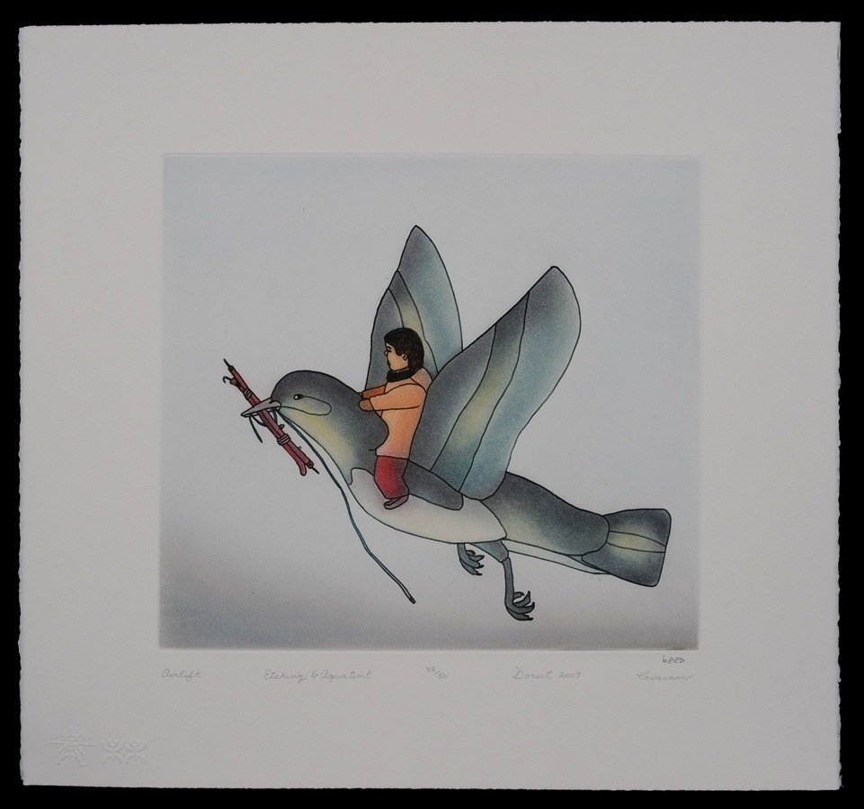 Inuit Etching & Aquatint Print "Airlift" by Kavavaow: Inuit Etching & Aquatint Print "Airlift" by Kavavaow 38/50 - Cape Dorset 2009 20 3/4"x 22 1/4" Good Condition