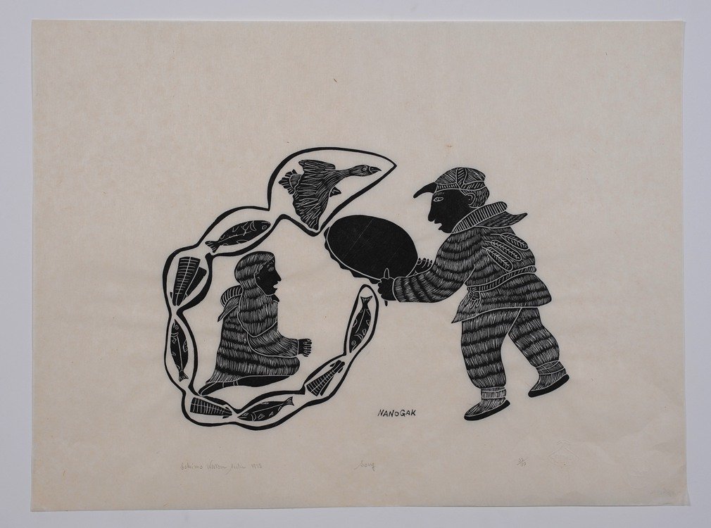 Two Inuit Stonecut Print "Song" by Nanogak 32/50 and: Two Inuit Stonecut Print "Song" by Nanogak 32/50 and 36/50 - Eskimo Western Arctic 1975 18"x 24" Good Condition