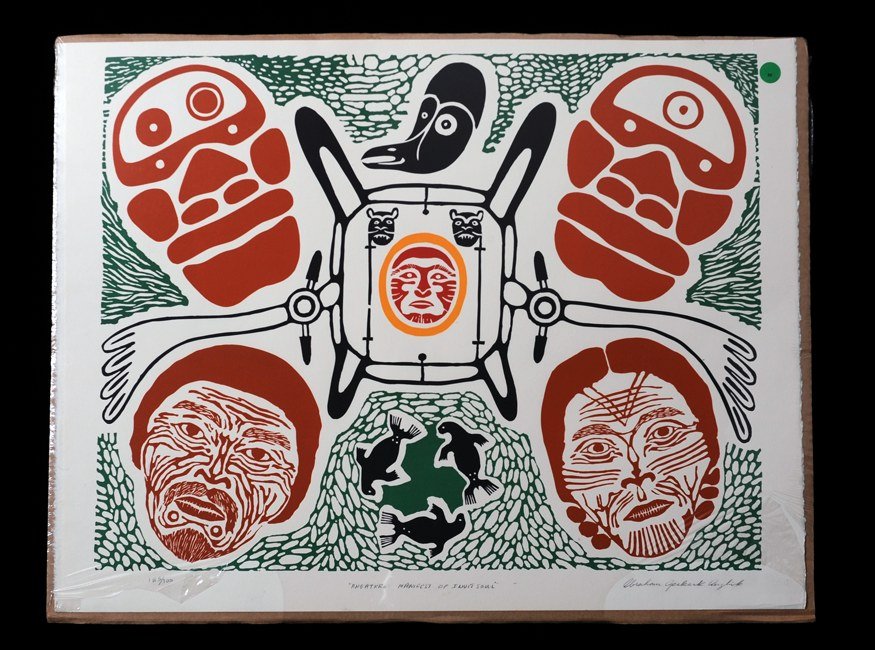 Inuit Lithograph "Angatkro Manifest of Inuit Soul": Inuit Lithograph "Angatkro Manifest of Inuit Soul" Signed Abraham Apakark Anghik 185/300 1987 21 1/2"x 29 1/2" Good Condition
