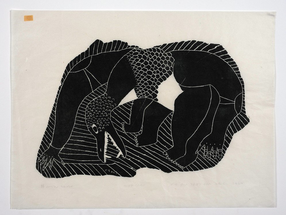 Inuit Stonecut Print 1964 Signed in Syllabic 25/30: Inuit Stonecut Print 1964 Signed in Syllabic 25/30 18"x24" Good Condition with Minor Crease