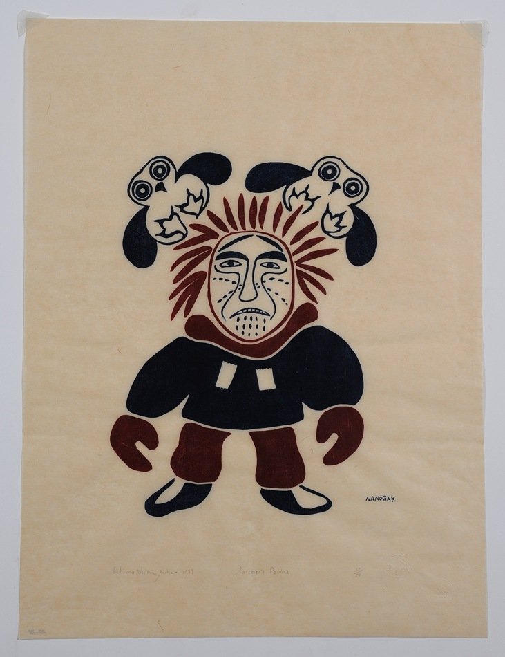 Inuit Stonecut Print "Sorcerer's Powers" by Nanogak: Inuit Stonecut Print "Sorcerer's Powers" by Nanogak 49/50 - Eskimo Western Arctic 1973 18"x 24" Good Condition with Top Corners for Hanging