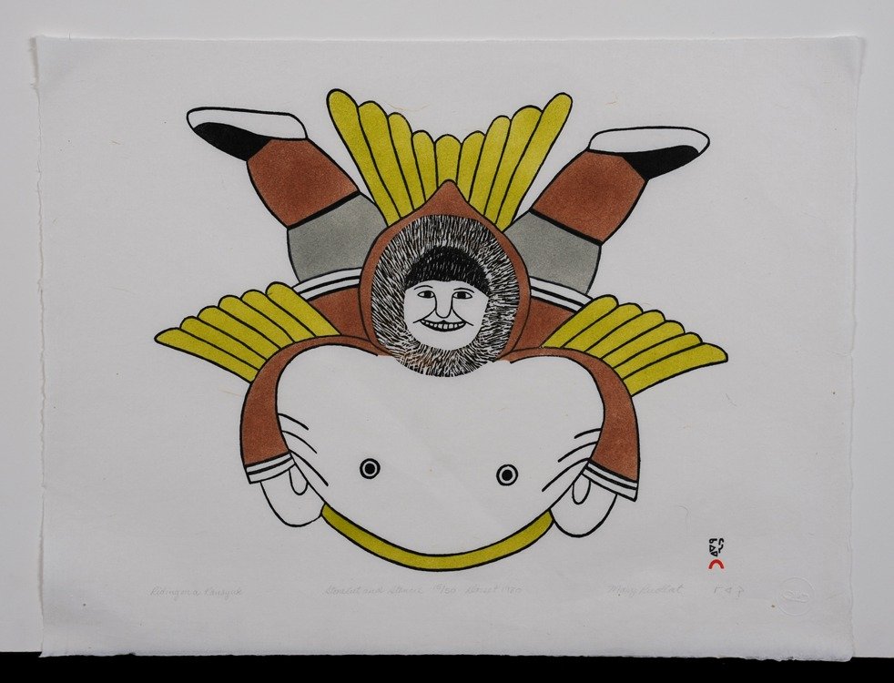 Inuit Stonecut Stencil Print "Riding On A Kanayuk" by: Inuit Stonecut Stencil Print "Riding On A Kanayuk" by Mary Pudlat 15/50 - Cape Dorset 1980 18"x 24" Good Condition
