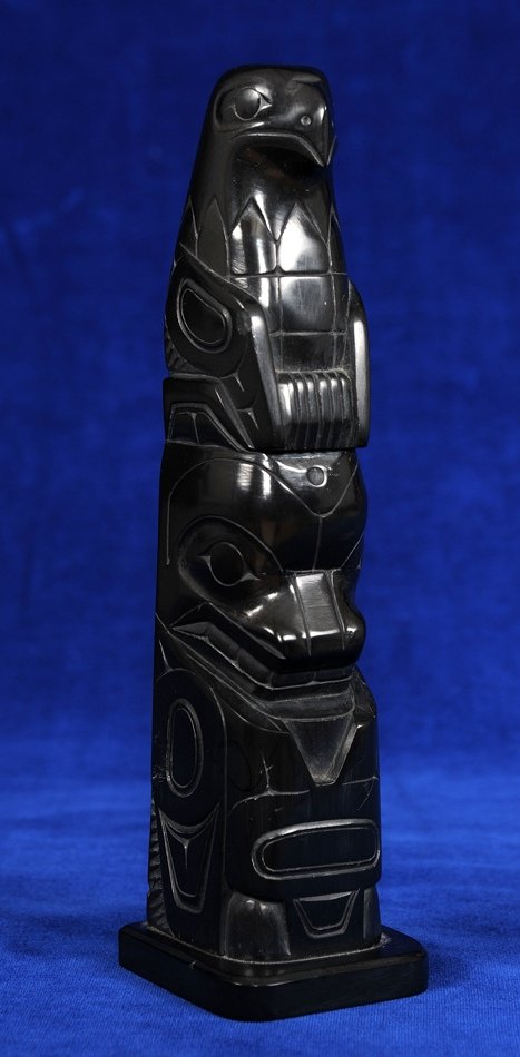 Haida Argillite Totem Carved with Eagle and Killer: Haida Argillite Totem Carved with Eagle and Killer Whale by Denny Dixon '82 7" H. 1 3/4" W. Base Good Condition