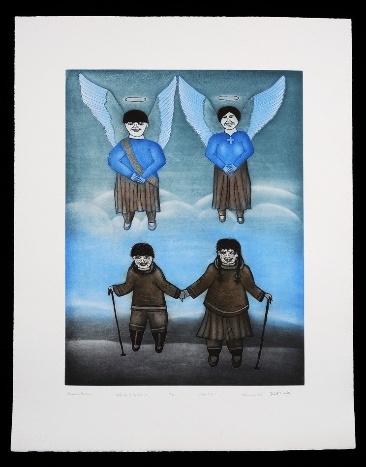 Inuit Etching & Aquatint Print "Angels Beckon" by: Inuit Etching & Aquatint Print "Angels Beckon" by Kumwartok 19/50 - Cape Dorset 2002 27 1/2"x 35 1/2" Good Condition