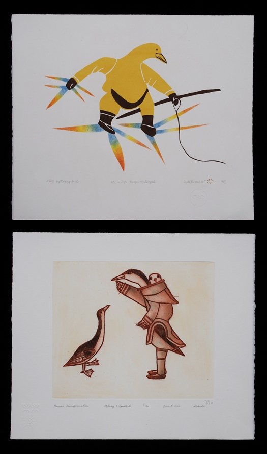 Inuit Etching & Aquatint Print "Human Transformation": Inuit Etching & Aquatint Print "Human Transformation" by Kakulu 21/50 - Cape Dorset 16"x 18 1/2" and Inuit Lithograph "Lightning Bird" - Roopee Latsiapik 39/40 - Clyde River, NWT 12 3/4"x 15 1/4" Good